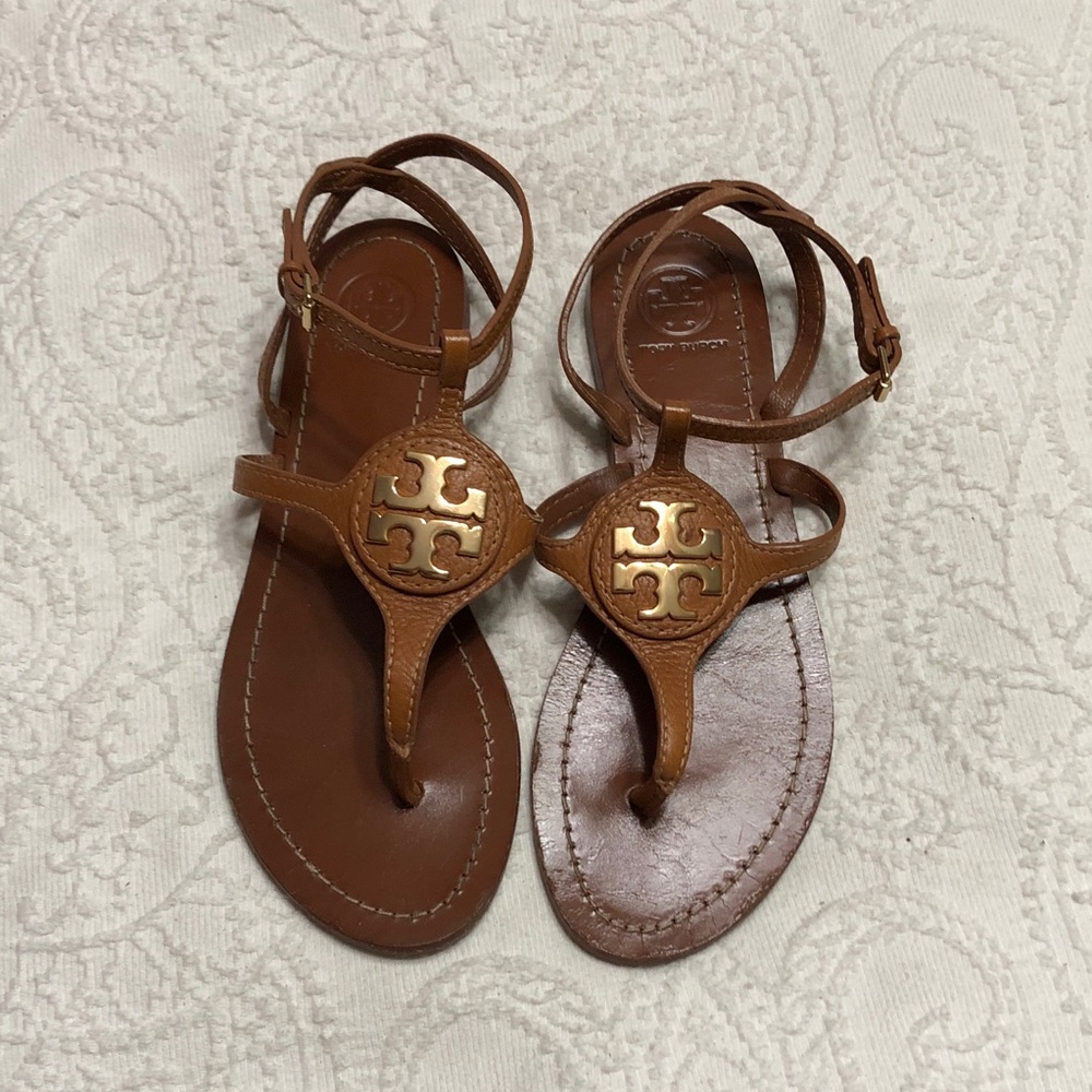 Tory Burch Brown Leather Thong Sandals with Gold Logo Medallion Ankle Straps